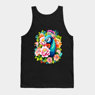 A Cute Peacock Surrounded by Bold Vibrant Spring Flowers Tank Top